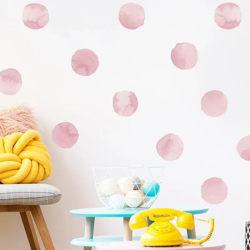 Pink Hand Draw Polka Dots Wall Stickers Watercolor Wall Decals for Kids Room Baby Nursey Home Decor Decoration Vinyl