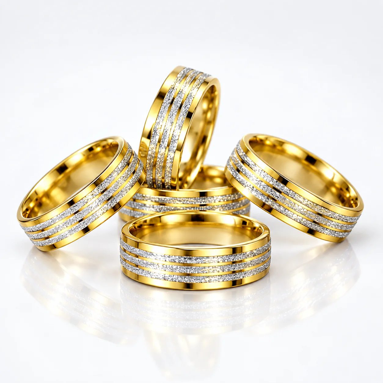20Pcs/Lot Stainless Steel Rings Gold Color Sparkle Glitter Stripe Band Unisex Men Women Wedding Couple Jewelry Wholesale Bulk