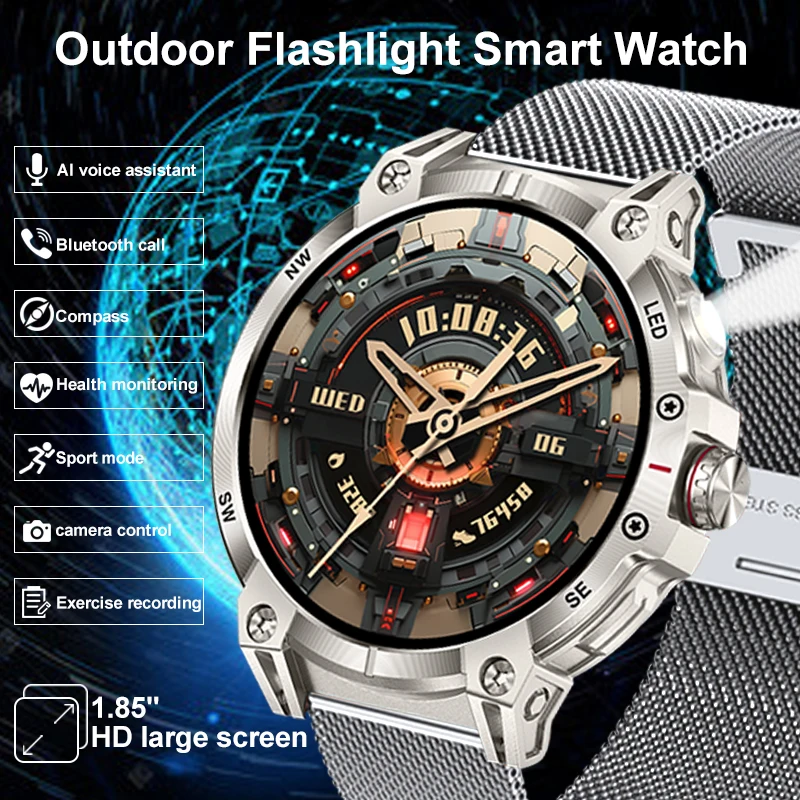 

Outdoor Flashlight Smart Watch 1.85-inch HD Large Screen GPS Compass Bluetooth Call Fitness Sports IP68 Waterproof Smart Watch