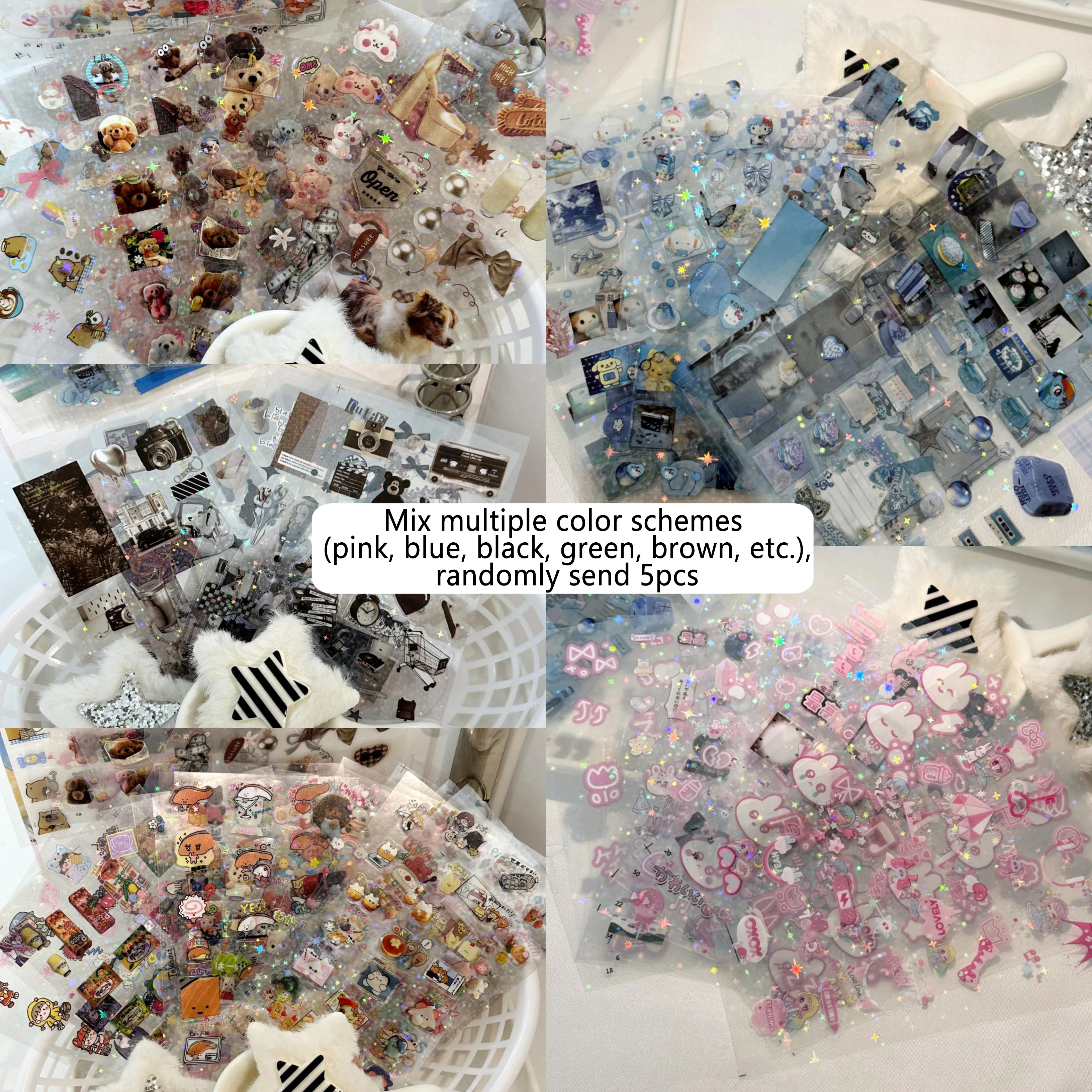 5Pcs Random Cute Cartoon Y2K INS Style and Other Color Styles PET Cutting Stickers Scrapbook Journal DIY Material Decal