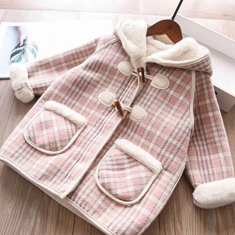 Fotografia 5: Casaco de lã xadrez com capuz para meninas – Jaqueta de inverno para 2 a 9 anos, agasalhos infantis aconchegantes para bebês e meninas