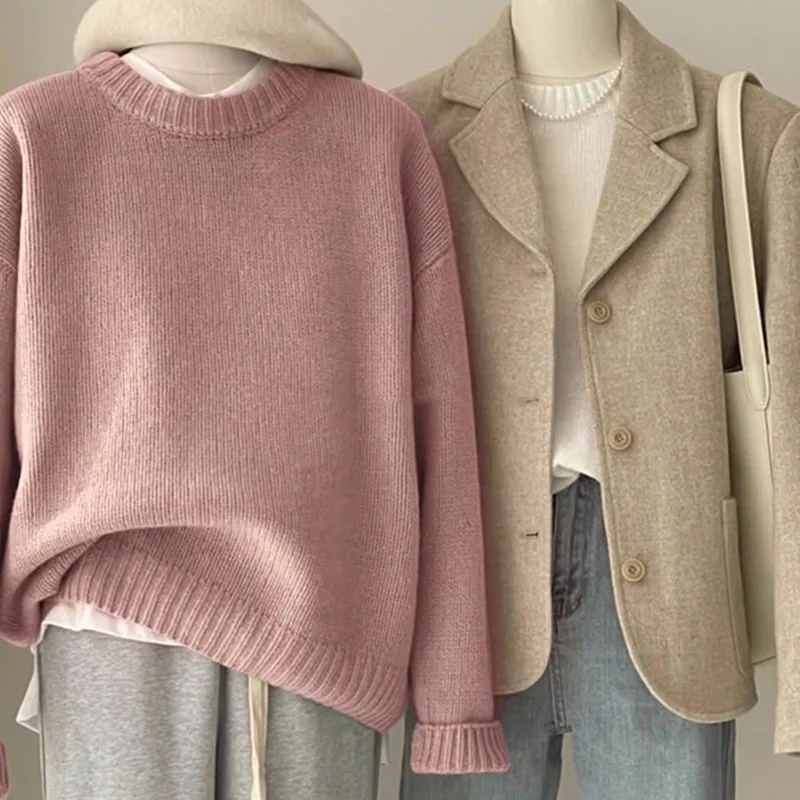 

Japanese Retro Dark Green Sweater Women, Loose Fit, Lazy Style, Round Neck Pullover, Base Layer, Thick Knitted Top Autum