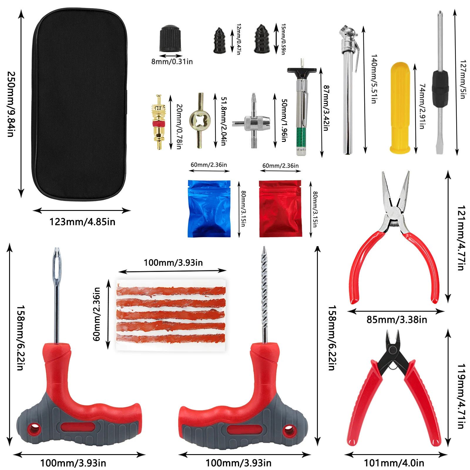 Car Tire Repair Tool Kit Studding Set Auto Bike Puncture Plug Garage Needle Nose Pliers Vacuum Film Nail Screws W/ Storage Case