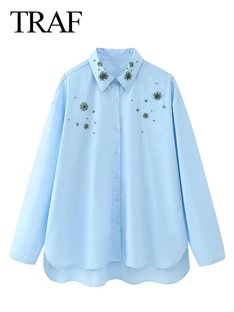 TRAF 2023 Autumn Women Fashion Blue Blouses Trend Lapel Jewelry Decoration Loose Shirt Woman Casual Streetwear Female Shirts