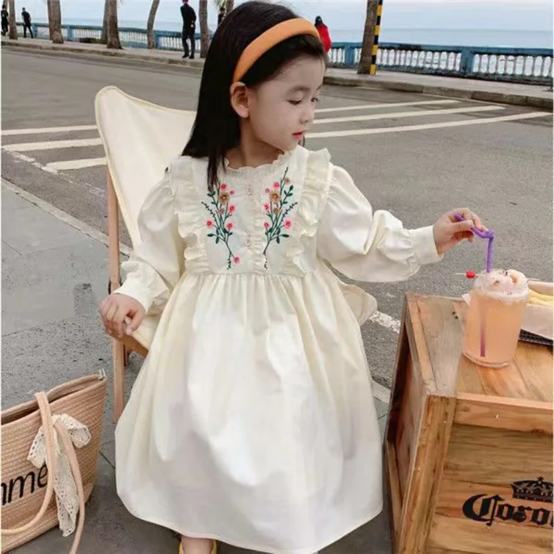 Children Dress 2023 Spring New Girls Vintage Flowers Embroidered Skirt Children Agaric Edge Dress Knee-Length Girl Dress