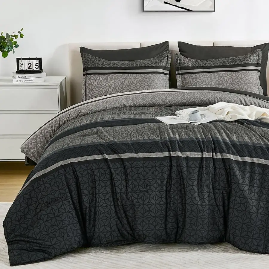 

7 Pieces Comforter Set Queen Size, Dark Grey Black Striped Bed in a Bag Comforter and Sheet Set, Bohemian Soft Lightweight Micor