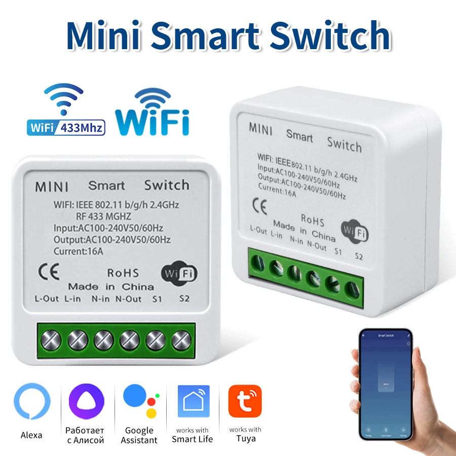 Tuya-Mini interruptor inteligente WiFi, 16A, 20A, temporizador bidireccional, módulo de automatización, aplicación remota Smart Life, Control por voz remoto Alexa y Google Home