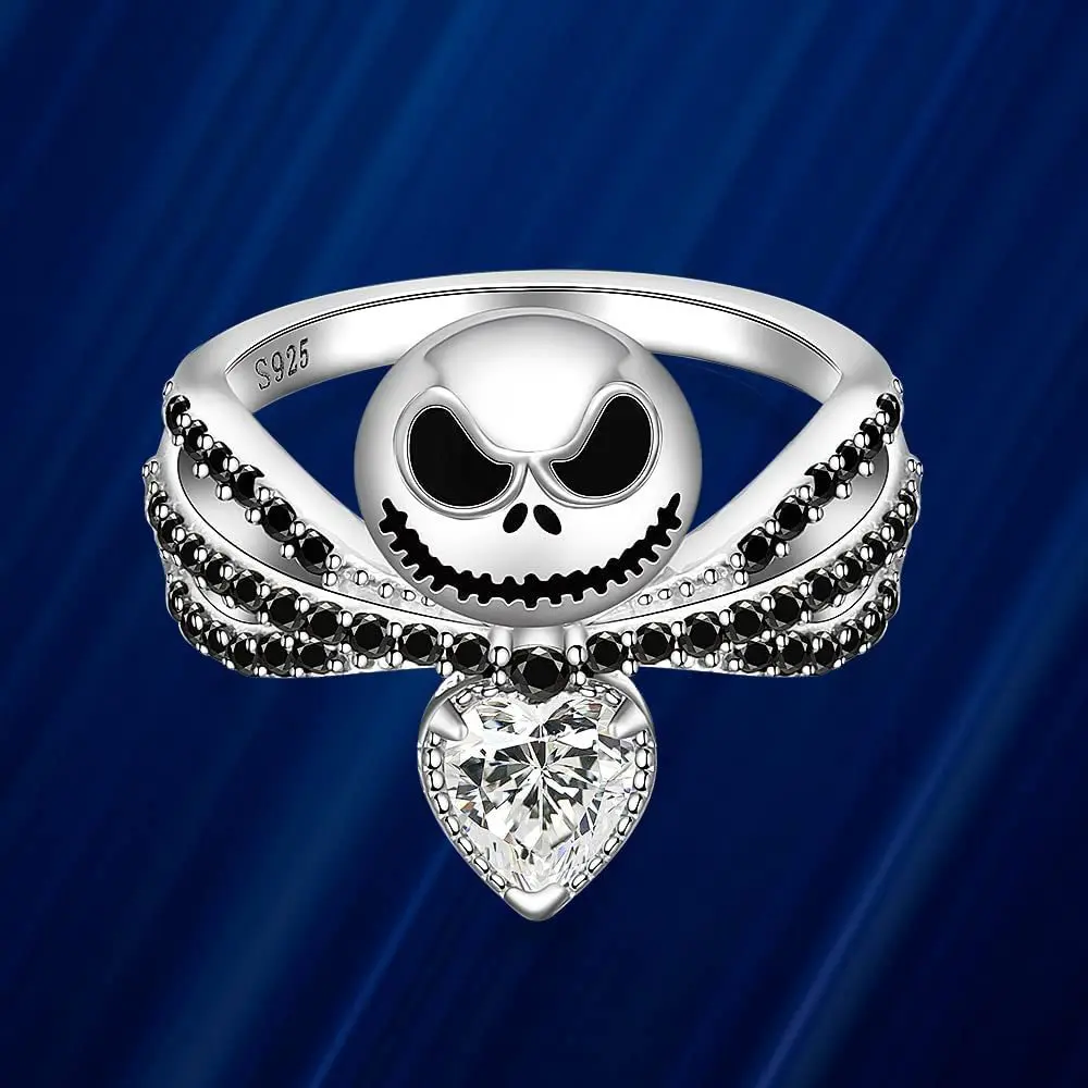 Disney Movie The Nightmare Before Christmas Jack Skull Ring Black Enamel Crystal Charm Rings Halloween Jewelry Gifts For Women