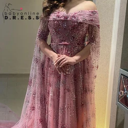 BABYONLINE Customized Glitter Sparkling Firework Inspired Dubai Arabic Evening Dress with Cape Tulle Party Dress فساتين السهرة