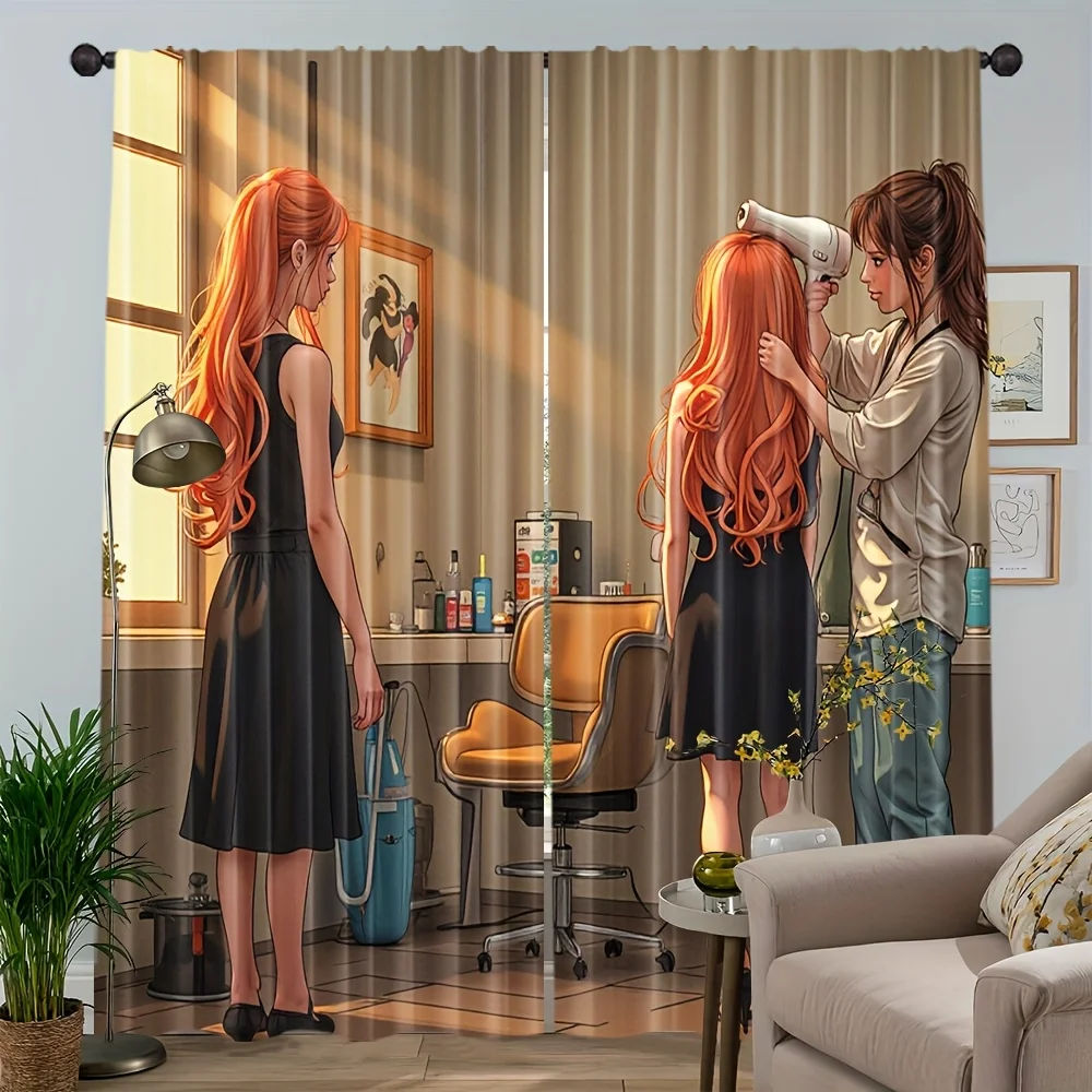 Hair Salon Theme Curtain, Girl Getting Haircut Design, Barber Shop Window Drapes for Hairdresser Room Decor