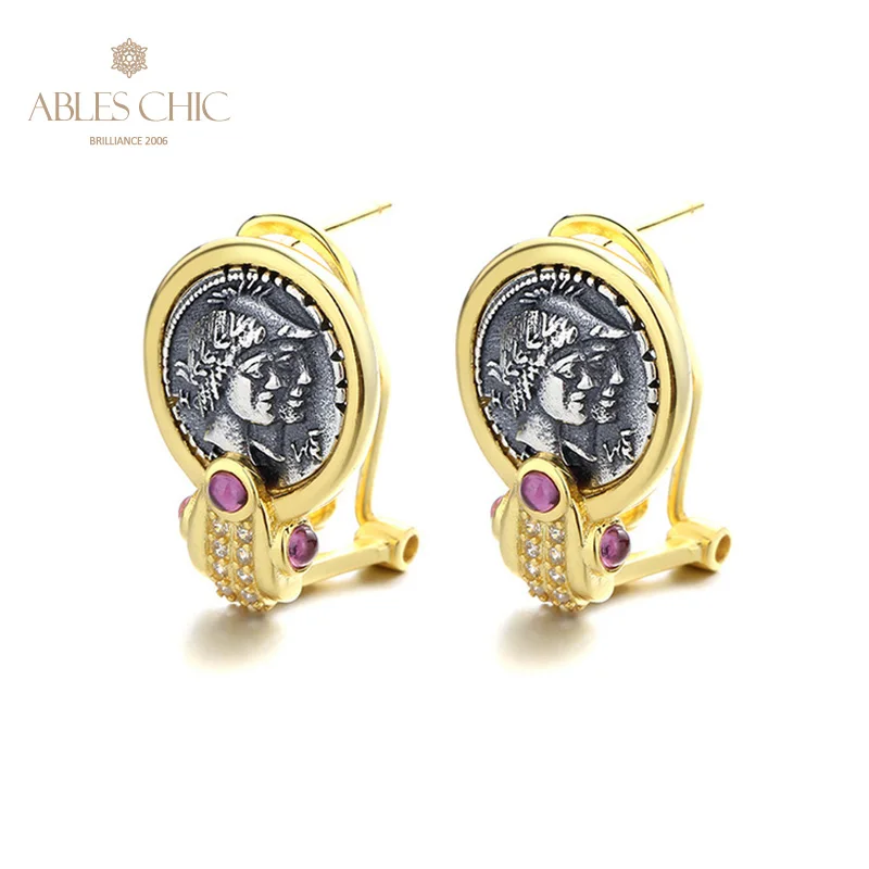 Ables Chic Ancient Roman God of Valor and Honor Coin Solid 925 Silver Natural Garnet Stud Earrings E1008