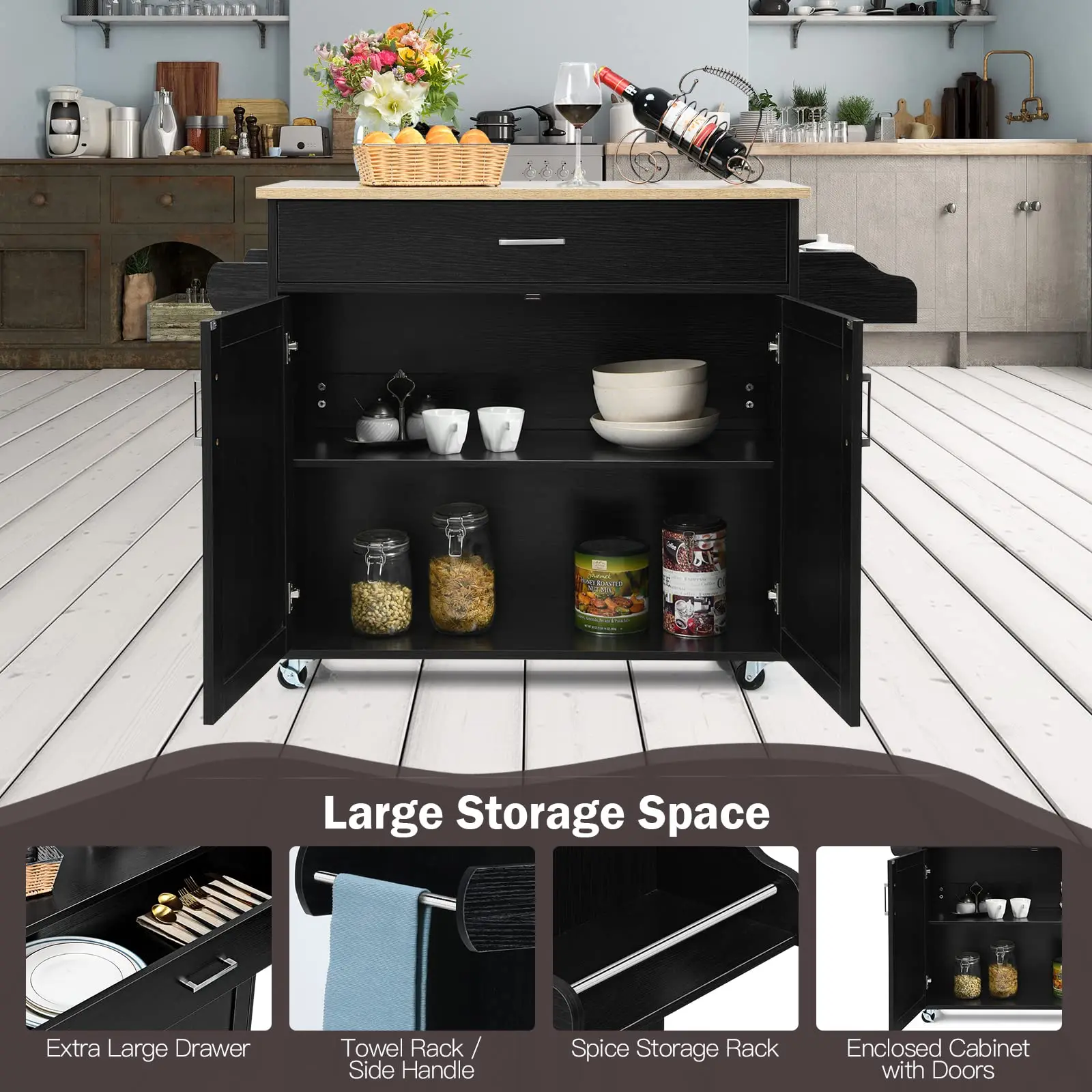 Kitchen Island on Wheels, Rolling Storage Trolley with Large Cabinet, Drawer, Adjustable Shelf, Wood Worktop, Spice &