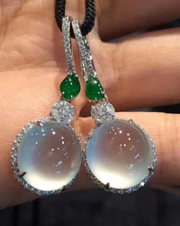 Luxury Round Moonstone Dangle Earring for Women Gorgeous Silver Color Metal Inlaid Zircon Drop-shaped Green Stone Earrings