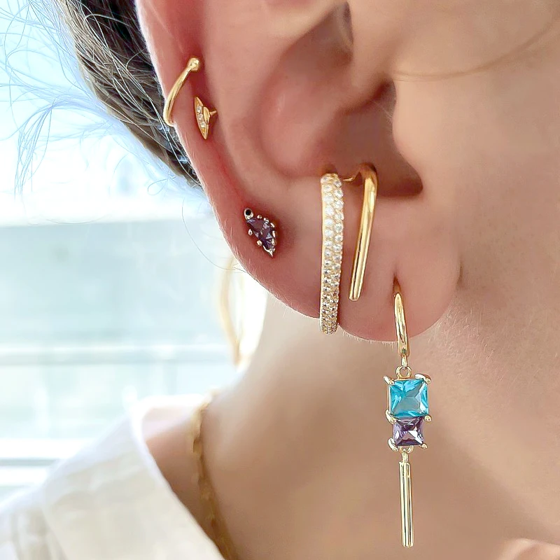 Retro 925 Sterling Silver Ear Needle Square Zircon Pendant Long Tassel Hoop Gold Earrings For Women Fashion Wedding Jewelry gift