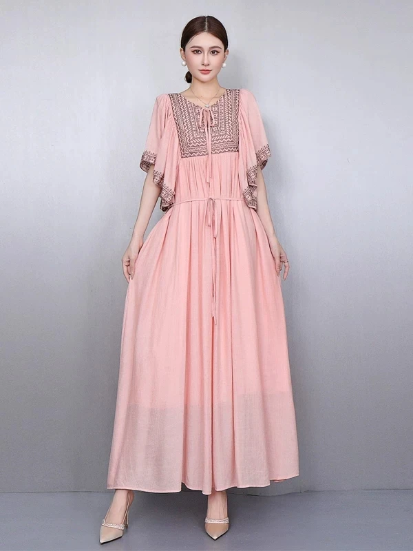 

2026 Summer New Elegant Vacation Style Embroidered Loose Long Dresses Women Casual V Neck Dress Wholesale J2259