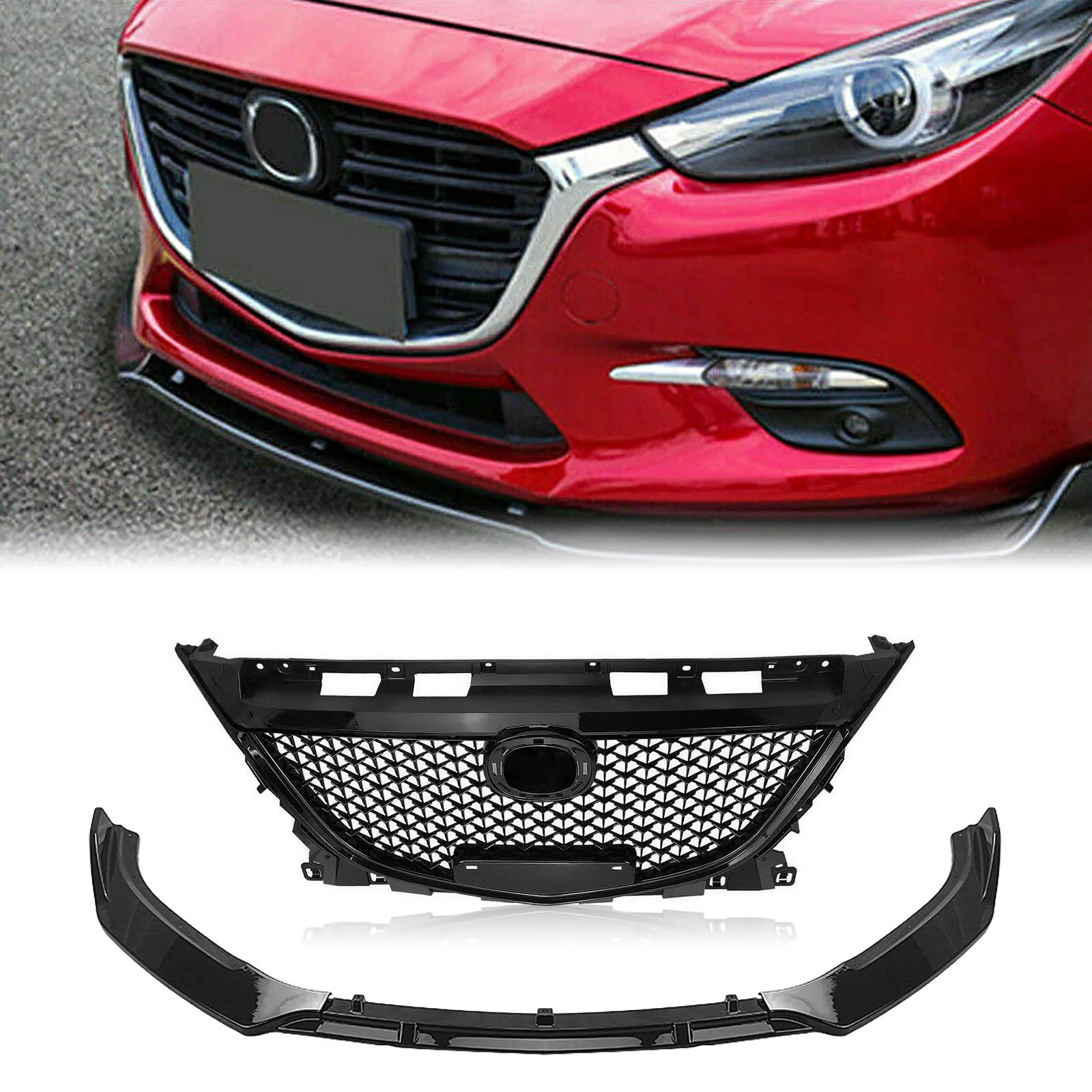 

For Mazda 3 Axela 2014-2016 Front Grille Honeycomb Style Grill+Car Lower Bumper Spoiler Splitter Guard Plate Blade Lip Protector