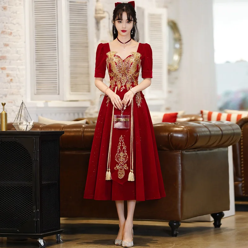 Toast Dress Bride Summer 2022 New Wine Red Wedding Dress Female Chinese Small Man Engagement Dress Square Collar Dresses