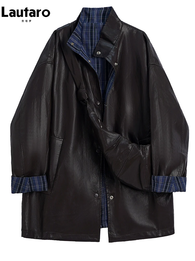 

Куртки Lautaro для женщин: демисезонные, в стиле ретро, двусторонние, в клетку, с пэчворком, из коричневой искусственной кожи, с воротником-стойкой, модные, в стиле Runway