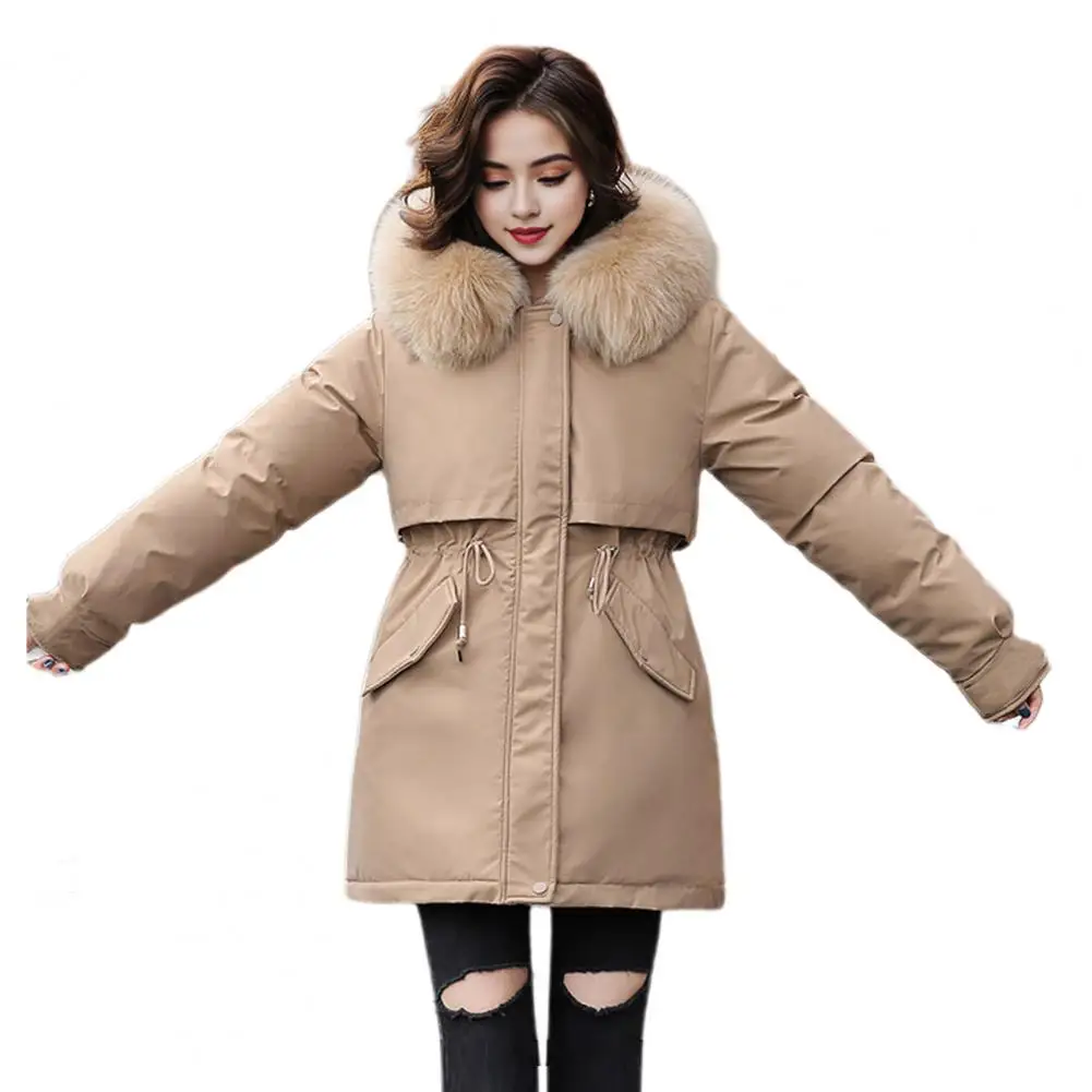 Women Warm Jacket Windproof Winter Down Coat with Plush Hood Adjustable Drawstring Mid Length Padded Jacket with for Outwear