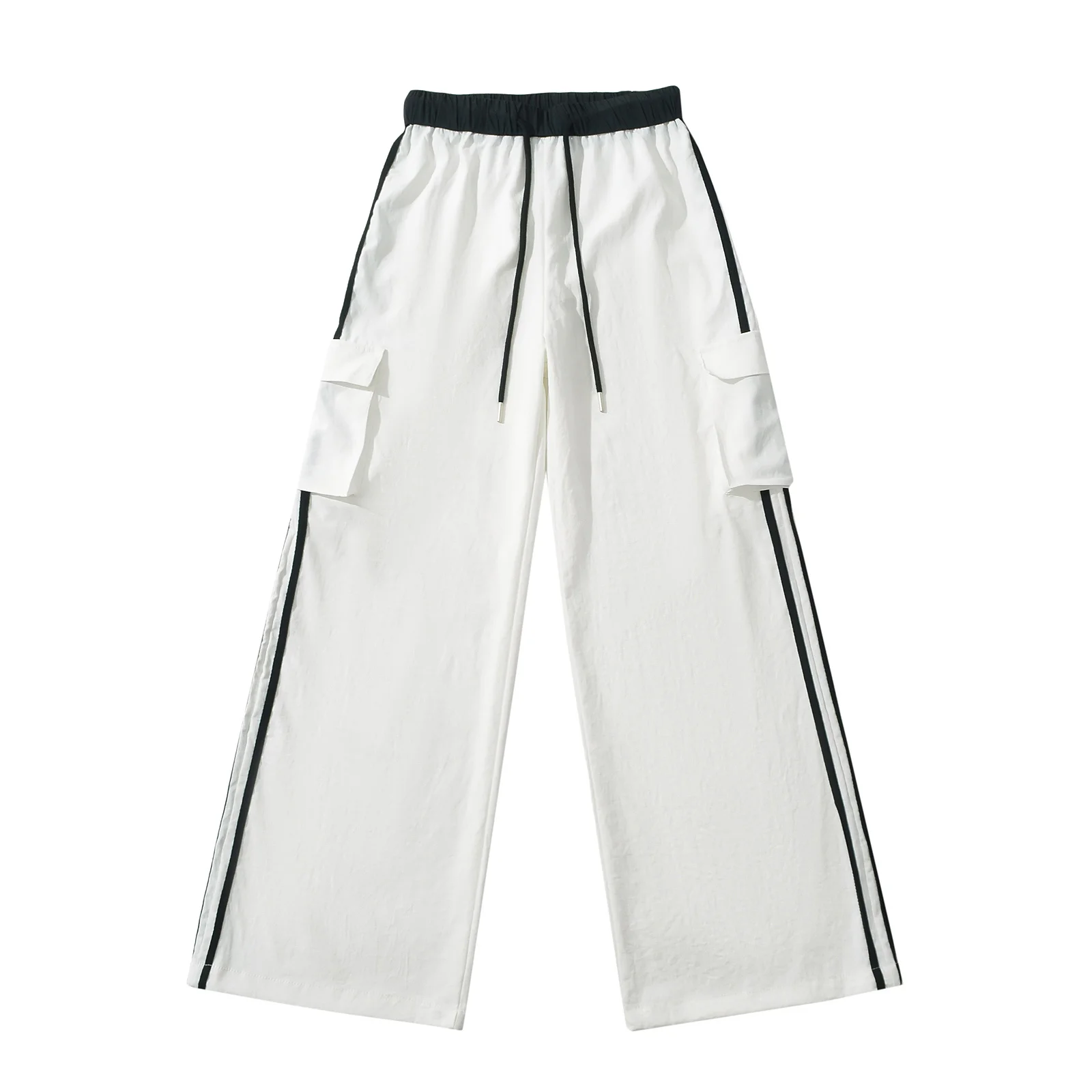 กางเกงทำงานลายทางสไตล์อเมริกันสำหรับผู้หญิง กางเกงลำลองทรงหลวมสำหรับฤดูร้อน กางเกงกีฬาขายาวทรงกว้าง กางเกงสีดำ สไตล์สาวฮอต