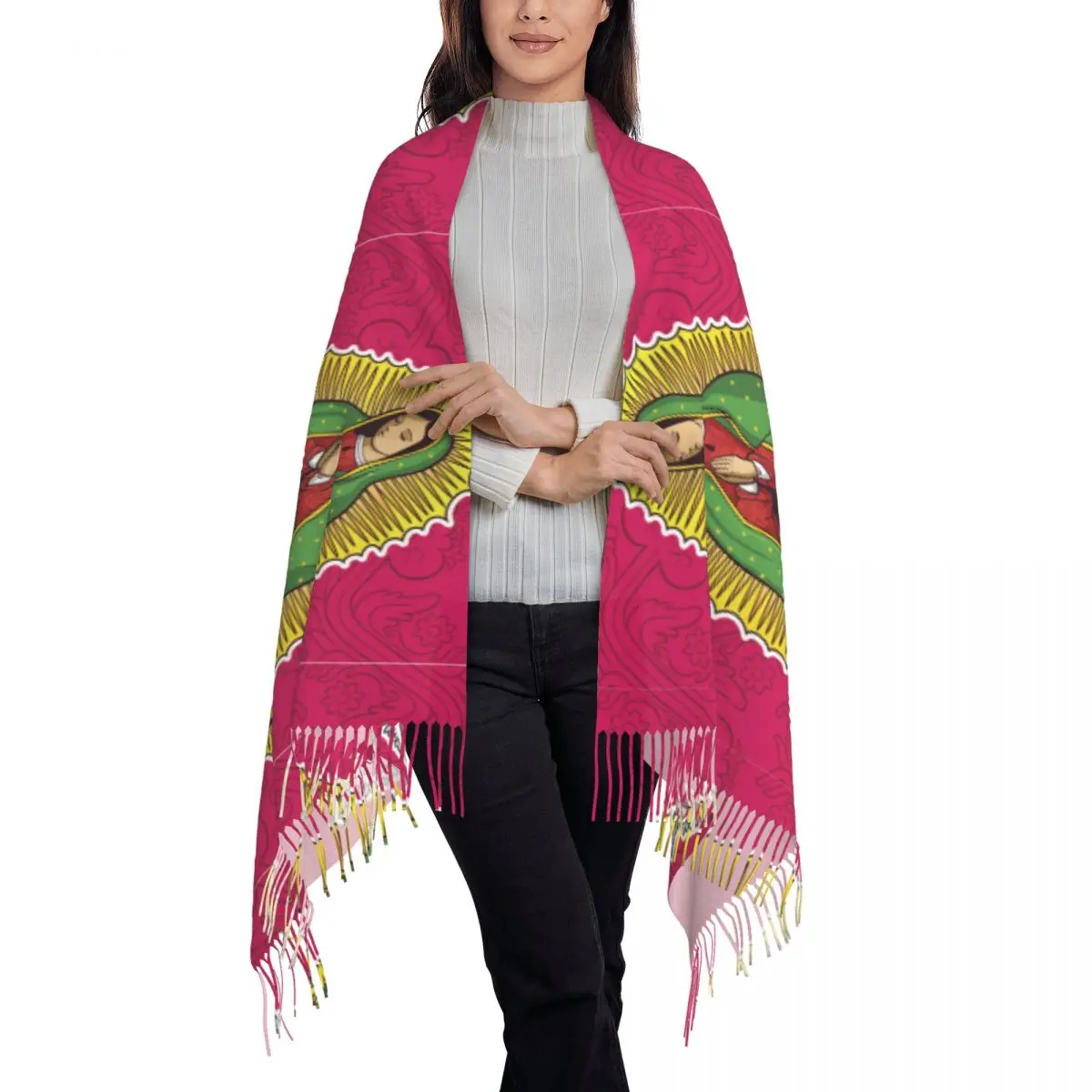 Women Scarf Warm Soft Virgin Of Guadalupe Headwear Scarves with Long Tassel Lady Of Fatima Casual Shawls Wrpas Winter Bufanda