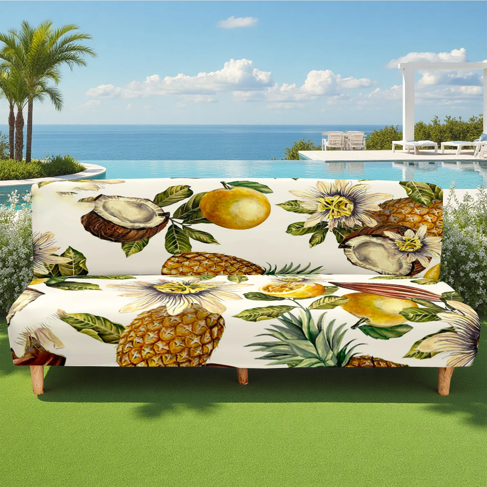 Tropical Fruit Pineapple Lemon Print Summer Outdoor Sofa Bed Cover, Milk Silk Elastic Slipcover, Machine - Wa