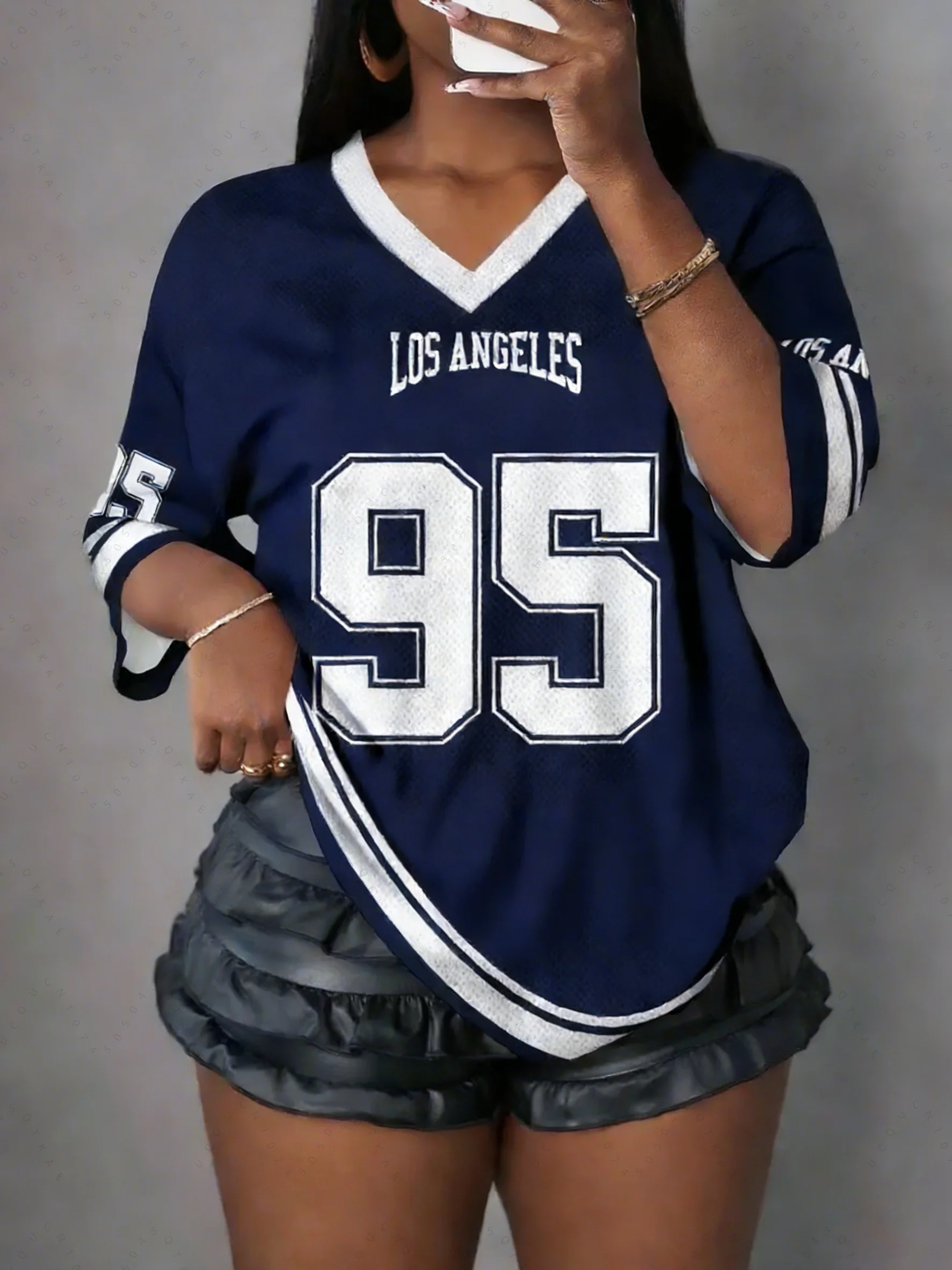 

Женская футболка с принтом Los Angeles NO.95, V-образным вырезом, коротким рукавом, сетчатыми вставками, летняя, бейсбольная, больших размеров, мужские спортивные футболки