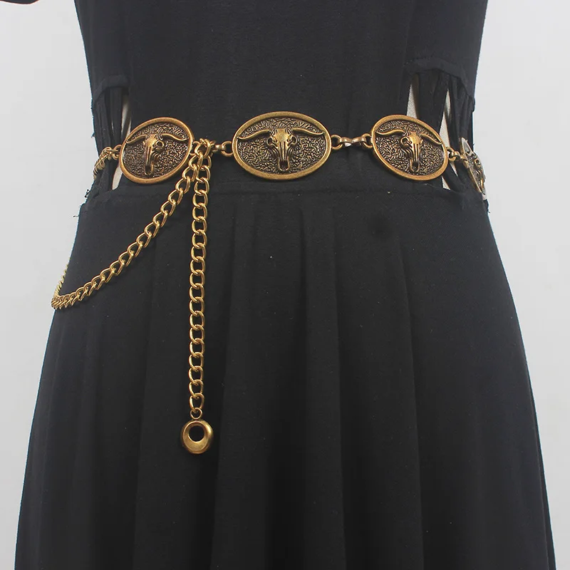 Vintage Curving Bull Head Links Waist Chain for Women Silver Gold Bohemian Style Dress Metal Waist Belts Summer Shirt Ceinture