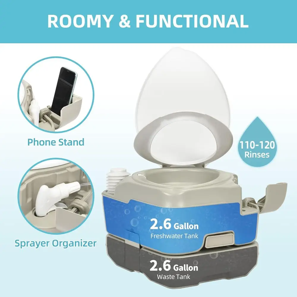 2.6 Gal Portable Toilet for Camping, RV Toilet with Diagonal Elongated Bowl Seat, Porta Potty with Hand Sprayer, Leak-Proof for