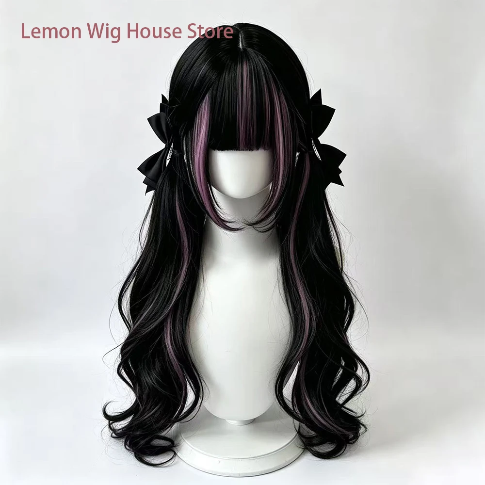 Long Wavy Black Pink Cosplay Wig with Bangs Synthetic Lolita Cosplay Wigs Daily Wear Natural Wig Halloween Costume Wig for Women