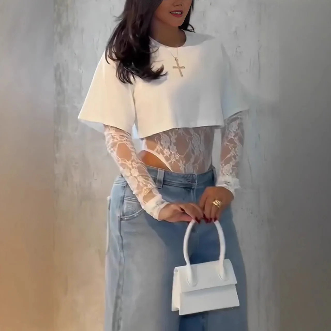 Lace T-shirt Top jumpsuit Women's round neck long sleeved irregular top Summer fashion Women's street wear