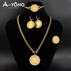 Turkish Coins Gold Jewelry Set 24k Gold Plated Italian Zircon Necklace Bracelet Earrings Ring Kurdish Ayatul Kursi Jewelrys