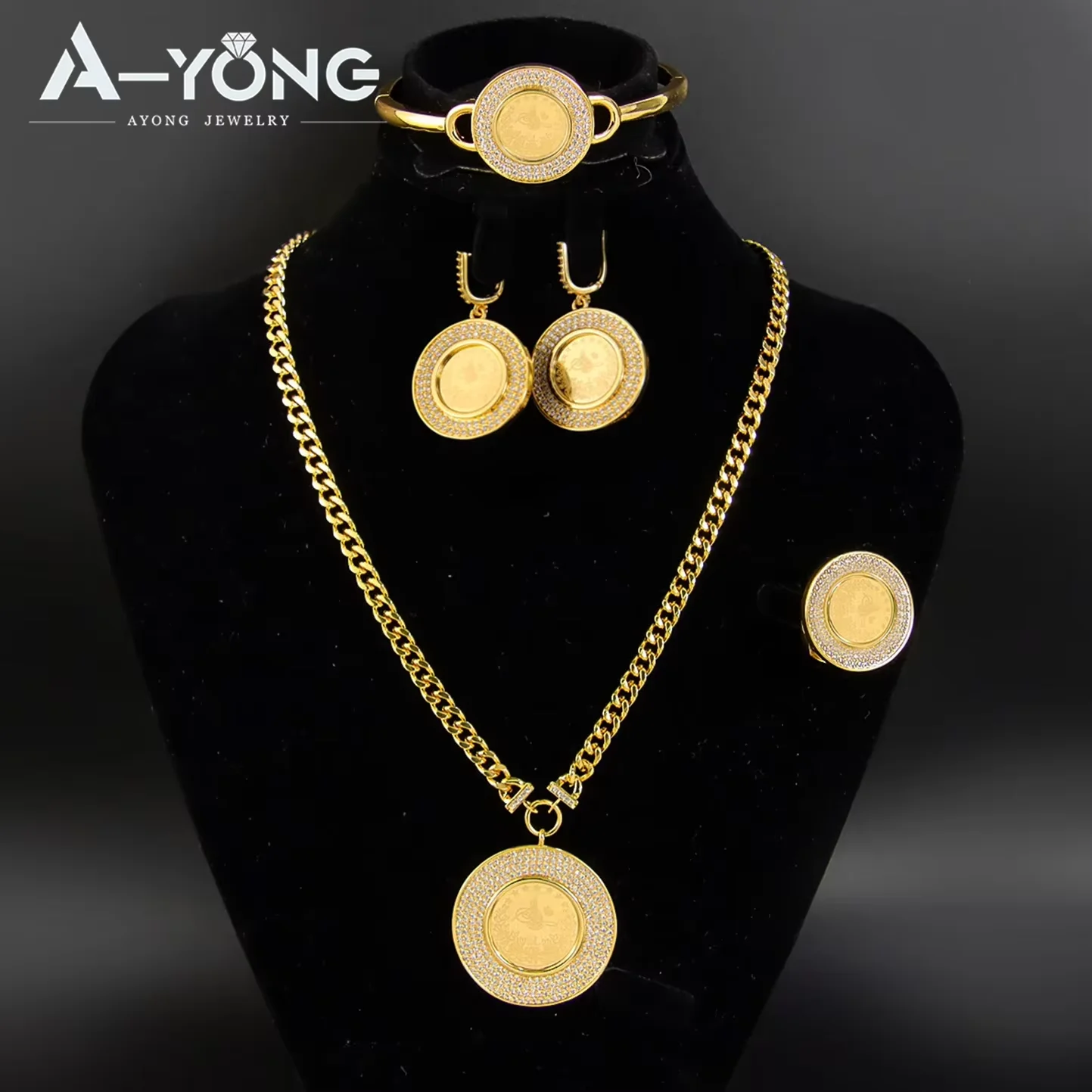 Turkish Coins Gold Jewelry Set 24k Gold Plated Italian Zircon Necklace Bracelet Earrings Ring Kurdish Ayatul Kursi Jewelrys