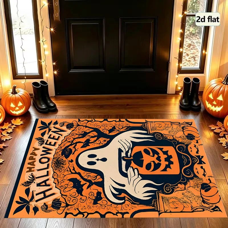 Ghost Pumpkin 2D Area Rug in Retro Quirky Style for Home, Halloween Party Decor