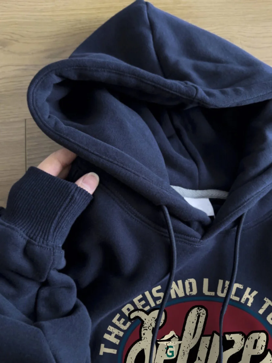 Design Sensation Small Print k Blue Hoodie Women's American Retro Loose Oversize Top Trendy Streetwear Polyester Fiber