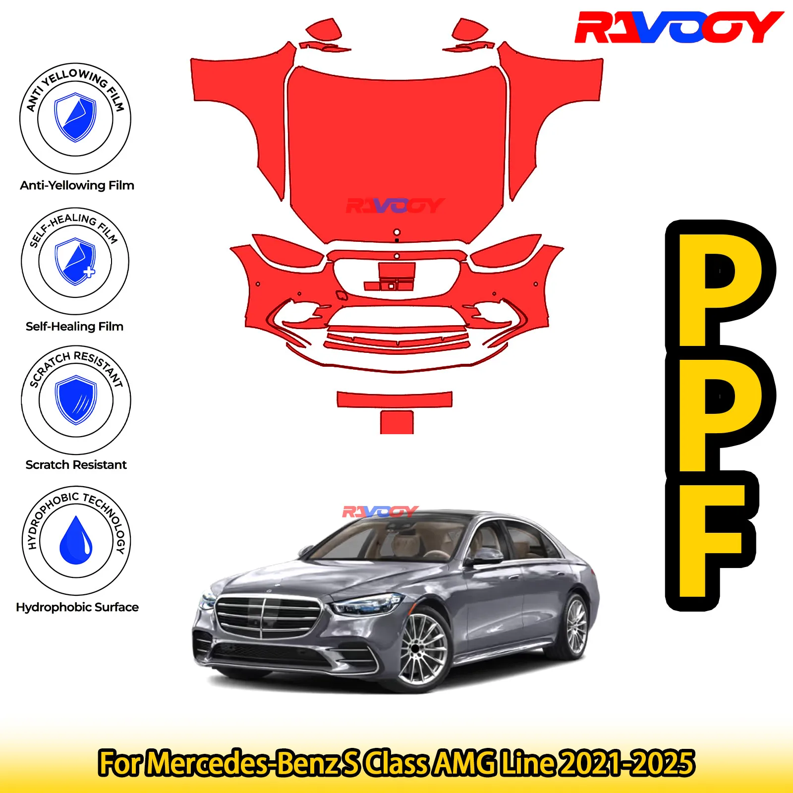 

For Mercedes-Benz S Class AMG Line 2021-2025 Glossy Matte Black Precut front PPF Kit Paint Protection Film