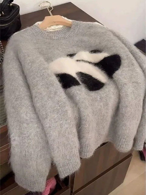 

Трикотаж, джемпер, милые пуловеры с рисунком панды, женская одежда, повседневный свитер с круглым вырезом 2024, Sueter Mujer, мягкий утолщенный модный вязаный свитер