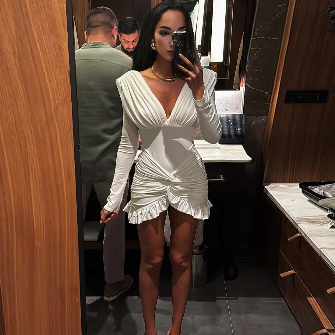 2025 Summer Sexy V Neck Bodycon Long Sleeve Dress Women Solid Color Wrap Waist Ruffle Dress