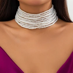 Layered Pearl Beads Chain Short Choker Necklace for Women Exaggerated Beaded Collar on the Neck 2023 Fashion Jewelry Accessories