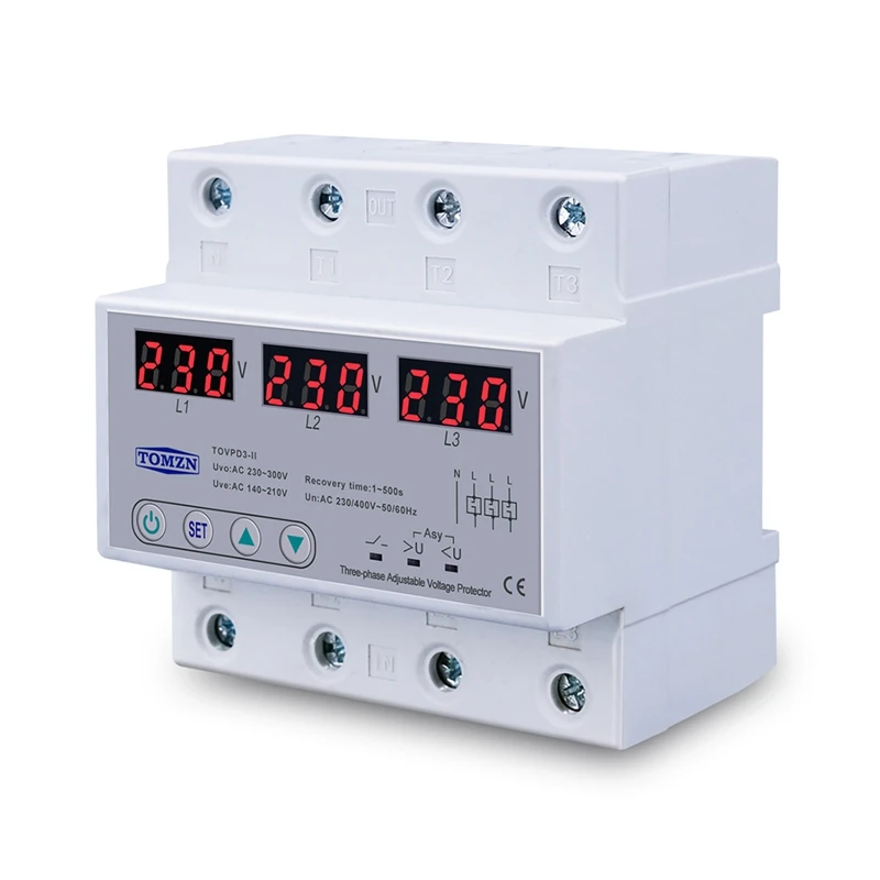 

TOMZN Three Phase Adjustable Over And Under Voltage Protector Automatic Recovery Protective Device Reset 63A 380V