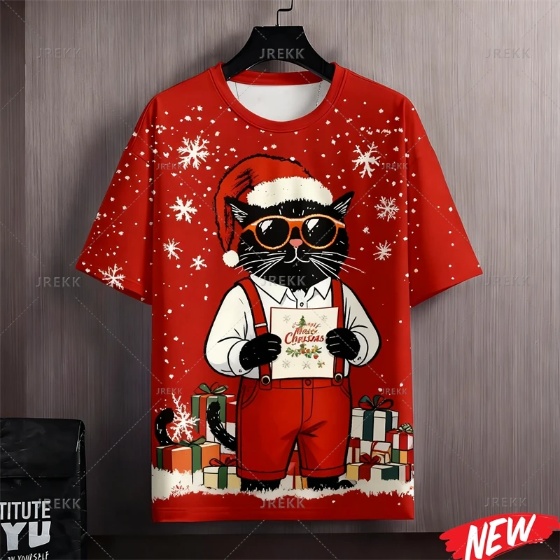 Red Color Merry Christmas T Shirt For Men Women New In Cute 3d Printed Black Cats T-shirt Round Neck Short Sleeve Tee Shirts
