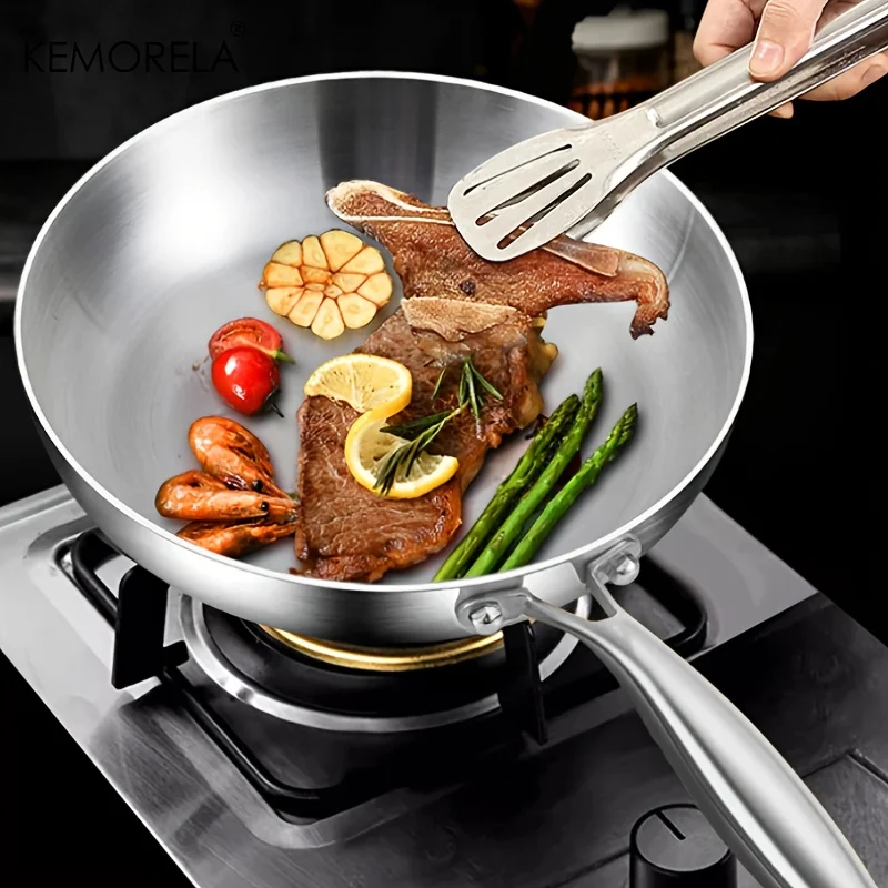 مقلاة KEMORELA 316 من الفولاذ المقاوم للصدأ، تصميم مصقول للمرآة، ثلاث طبقات من الفولاذ المقاوم للصدأ بأحجام متعددة للطباخ التعريفي