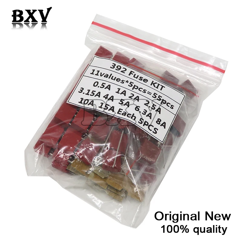 55PCS/Set Square Plastic Fuse Assortment Kit 392 0.5A 1A 2A 2.5A 3.15A 4A 5A 6.3A 8A 10A 15A 250V Fuses Slow Blow Tube Fuse Set