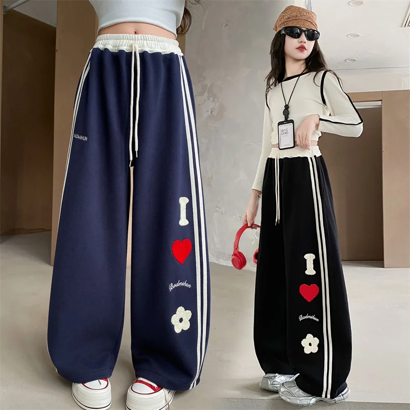 Children's Heart Letter Print Bending Knife Pants Girls Loose Spring Autumn New Loose Sweatpants Kids Casual Wide Leg Trousers