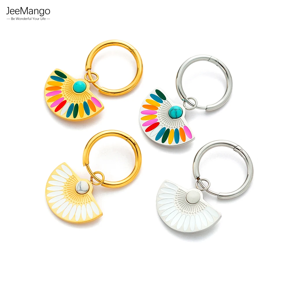 JeeMango Trendy Bohemia Fan Hoop Earrings For Women 18K Gold Plated Stainless Steel Handmade Colorful Glaze Earrings JE22200