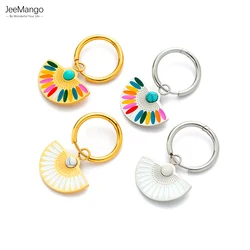 JeeMango Trendy Bohemia Fan Hoop Earrings For Women 18K Gold Plated Stainless Steel Handmade Colorful Glaze Earrings JE22200