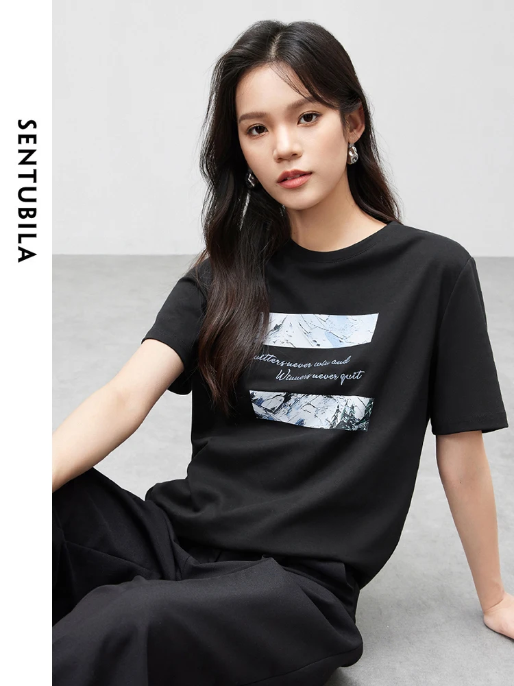 SENTUBILA 100% Cotton Letter Printing T-shirt for Women 2024 Summer Fashion Round Neck Comfortable Short Sleeve Top 142T55231