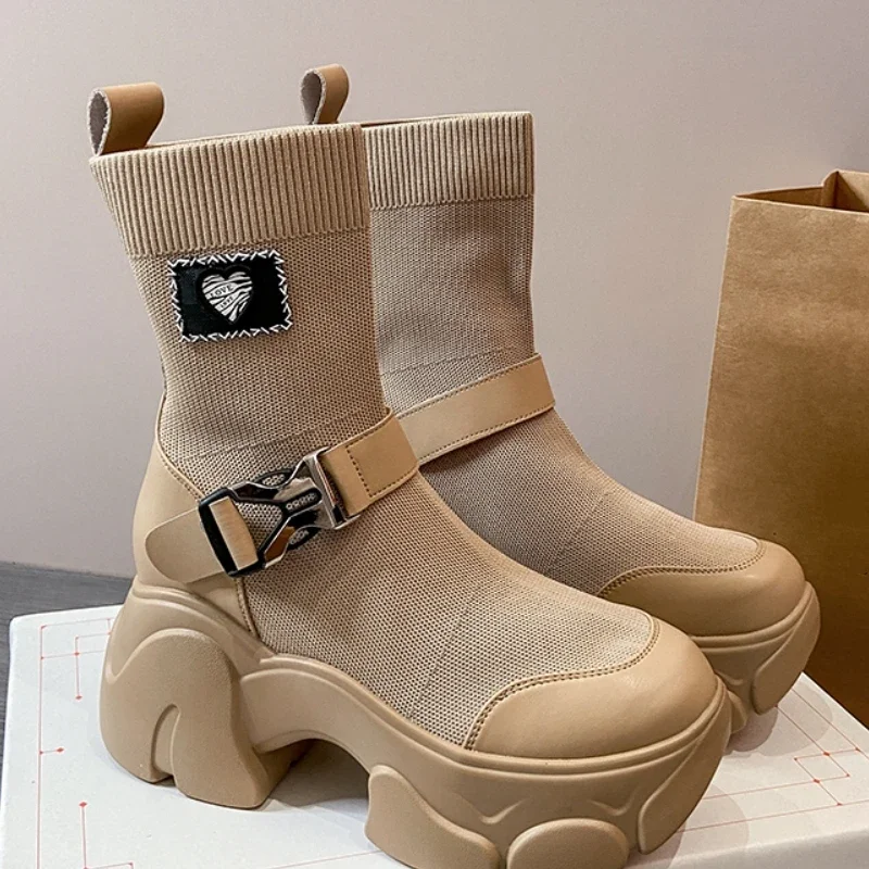 Botas medias con plataforma para mujer, botas de tacón alto elásticas de punto sin cordones transpirables con suela alta para otoño e invierno, 2024