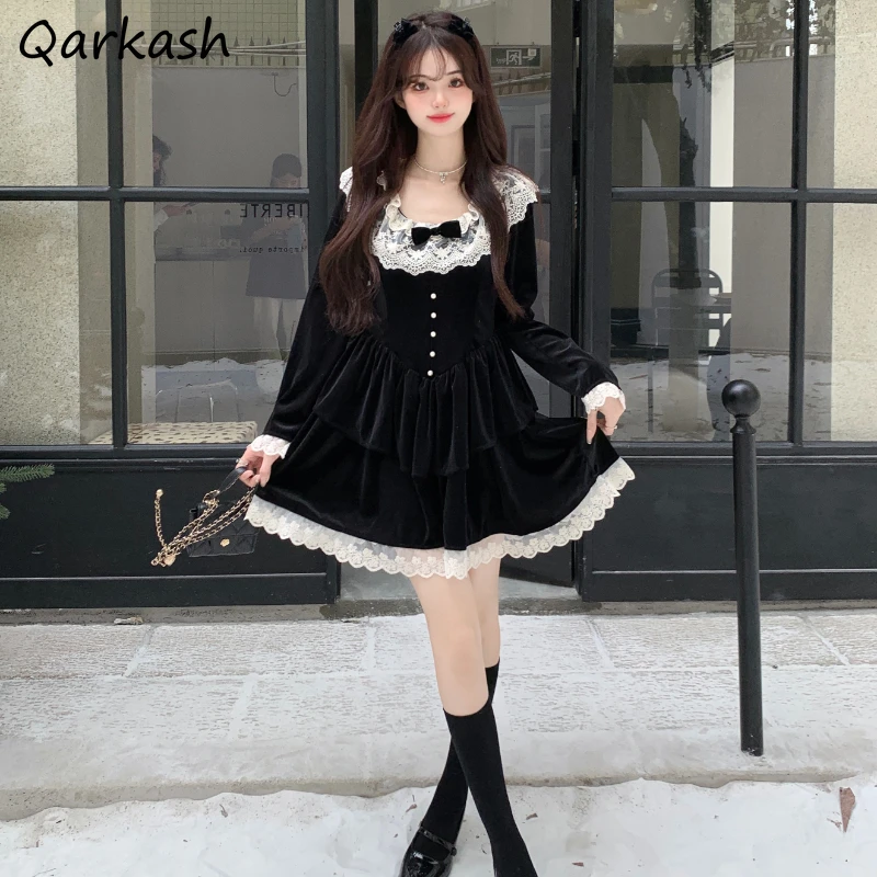 U-neck Mini Dress Women Lace Wave Cut Velvet Defined Waist Gentle Bow Temperament Princess Style Sweet Girls Long-sleeve Chic