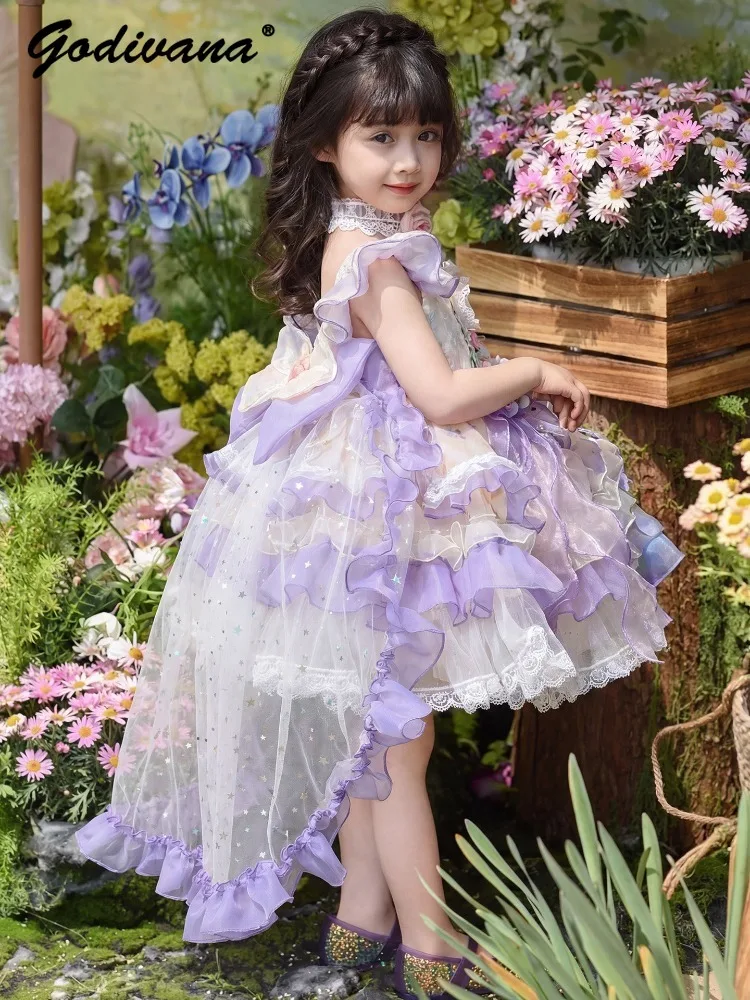 

Cute Baby Girls Mesh Lolita Dress 2026 Summer Floral Purple Ruffle Tulle Dresses High End Heavy Birthday Party Princess Ballgown